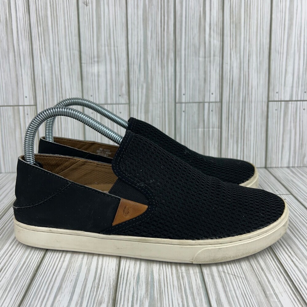 Olukai Women’s Pehuea Mesh Slip On Sneakers Leather Shoes Black Boat Loafers 9